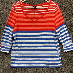 Nautica Womens Long Sleeve Striped Blouse Crew Neck, Size XL, Color Blue/Red